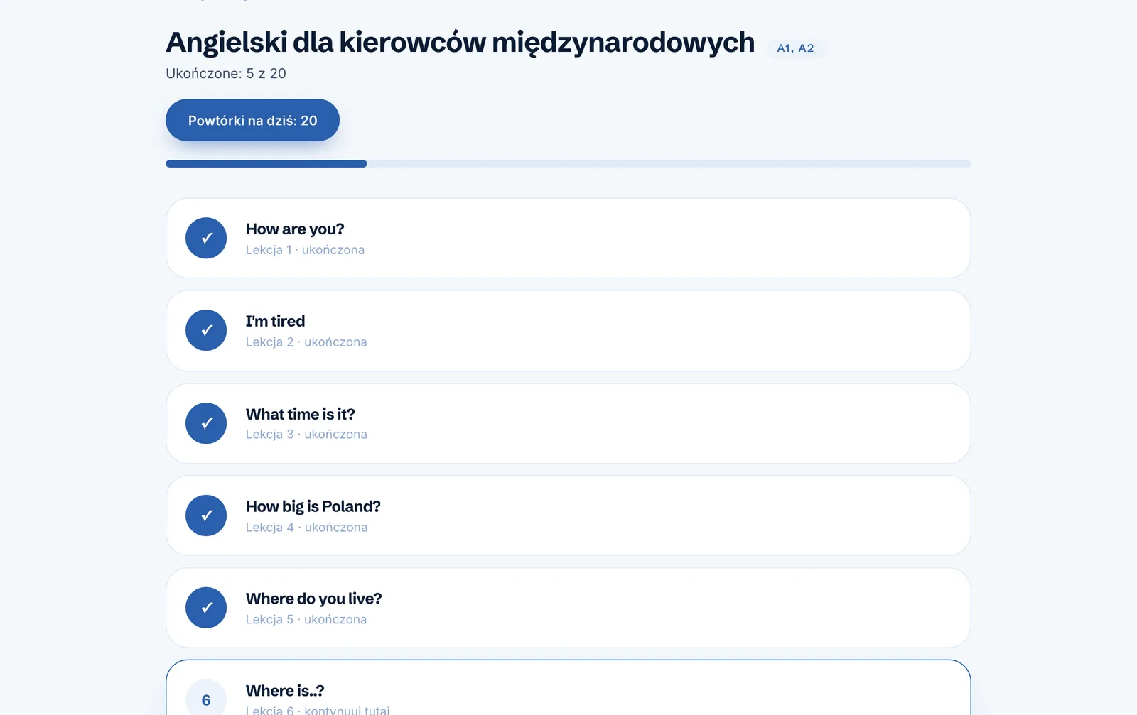 Lista lekcji kursu Angielski dla kierowców międzynarodowych z paskiem postępu